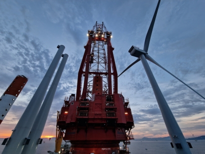 Jack-up vessel undertaking offshore installation off the coast of Kitakyushu, Japan.