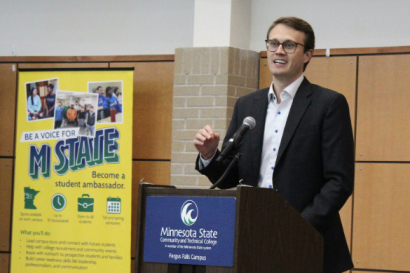 Sen. Jordan Rasmusson, an M State alumnus, speaks at the groundbreaking