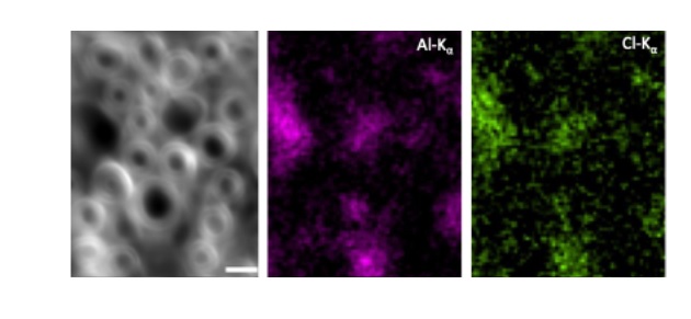 imagen de alta resolución de microscopía electrónica de transmisión mostrando la sección de los nanotubos de carbono (izquierda) y los átomos de Cl y Al intercalados entre los nanotubos de carbono (derecha). Fuente: UPM